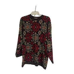 Dana Scott Vintage Red Gold Metallic Medallion Knit Sweater Womens Large USA
